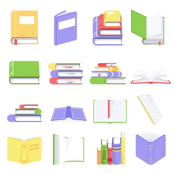 Ανοικτό και κλειστό βιβλία με κενές σελίδες. Συλλογή από βιβλία και την ανάγνωση εγγράφων. Σχολικά βιβλία σε πολύχρωμα καλύμματα με σελιδοδείκτες. Εγκυκλοπαίδεια και λεξικό εικόνων — Διανυσματικό Αρχείο