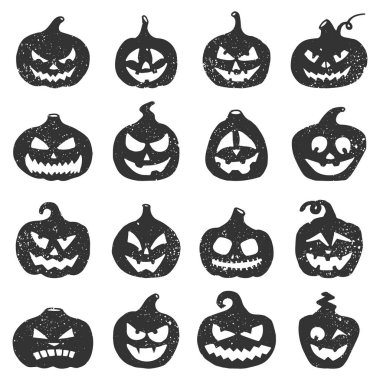 Elle çizilmiş Halloween pumpkins. Cadılar Bayramı tatil illüstrasyon siluet kabak siyah grunge. Jack-o-Lantern siluet küme. Farklı yüz ifadeleri ile kabak