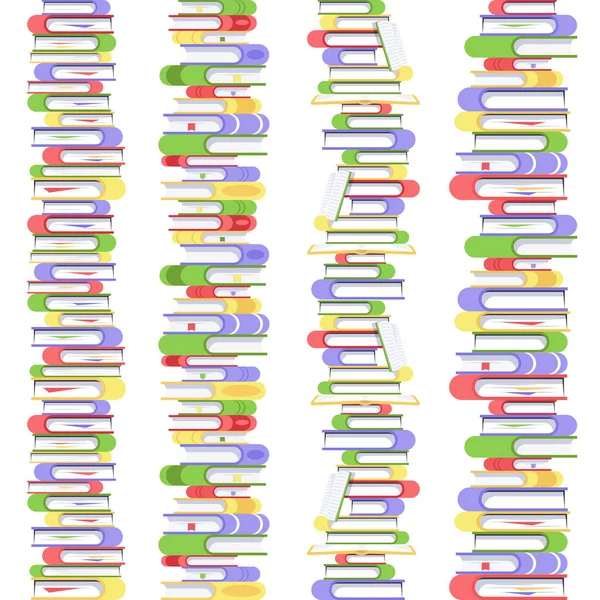 Montón de libros verticales sin costuras. Libros de texto en portadas coloridas. Colección de libros y documentos de lectura. Enciclopedias y diccionarios — Vector de stock