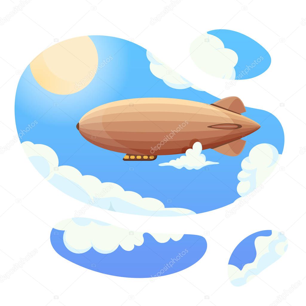 Airship in blue sky and clouds. Vintage airship Zeppelin. Dirigible balloon