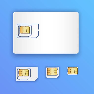 Boş gerçekçi SIM kartı. SIM kart dizisini. Tam boyut, mini, mikro ve nano kartları. Cep telefonu çip