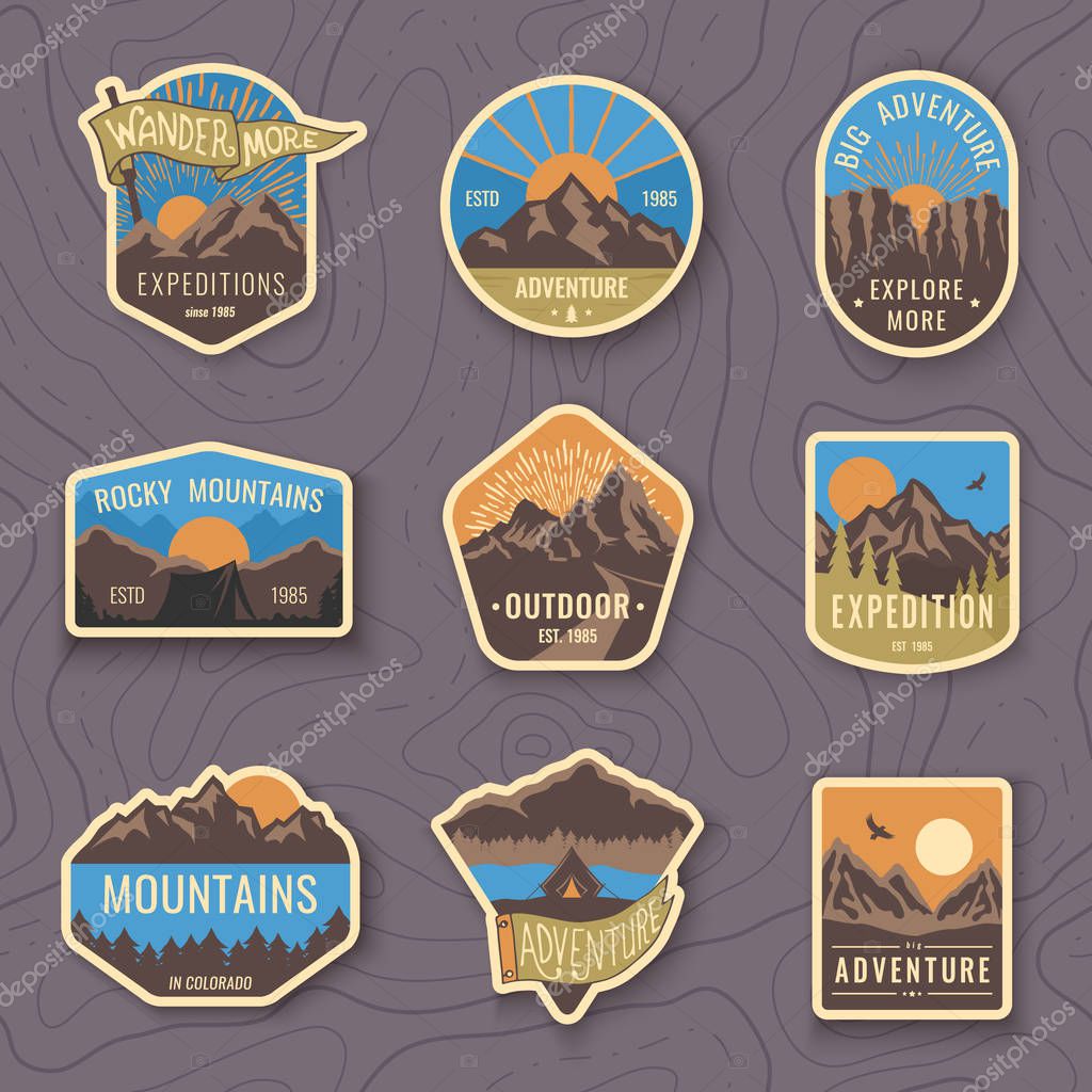 Set of nine mountain travel emblems. Camping outdoor adventure emblems, badges and logo patches. Mountain tourism, hiking. Forest camp vector labels in vintage style