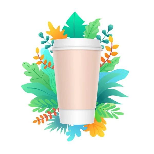 Paper coffee cup design with colorful leaves and plant. Takeaway cup packaging