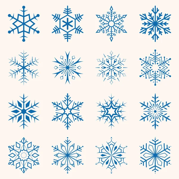 Colección de copos de nieve azules. Dieciséis copos de nieve de diferentes formas. Invierno conjunto ilustración — Vector de stock