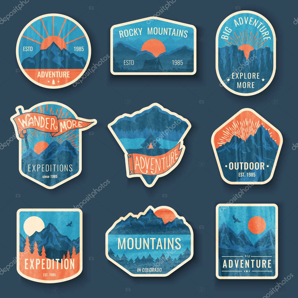 Set of nine mountain travel emblems with grunge texture. Camping outdoor adventure vector emblems, badges and logo patches. Mountain tourism, hiking. Forest camp labels in vintage style