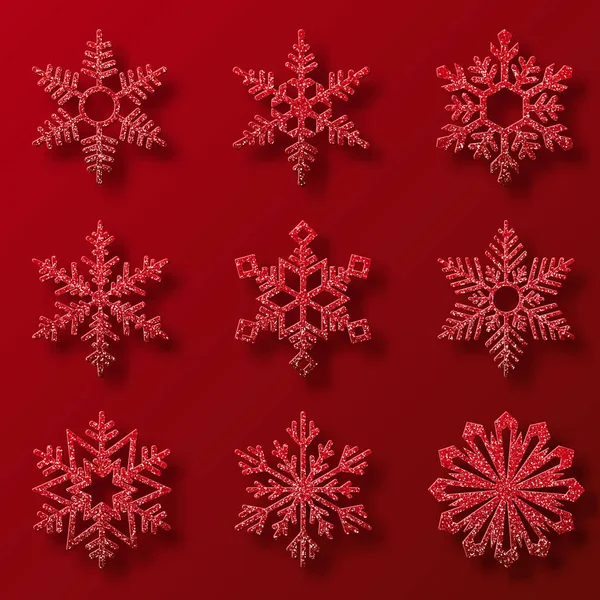 Colección de copos de nieve de purpurina roja. Nueve copos de nieve de diferentes formas. Decoración vacaciones de invierno — Vector de stock