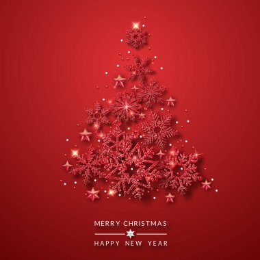Noel ağacı arka plan kırmızı kar taneleri, yıldız ve topları parlayan ile. Neşeli Noel kartı illüstrasyon kırmızı zemin üzerine