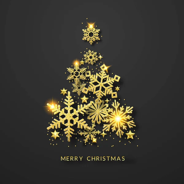 Weihnachtsbaumhintergrund Mit Goldglänzenden Schneeflocken Sternen Und Kugeln Frohe Weihnachten Vektorkarte — Stockvektor