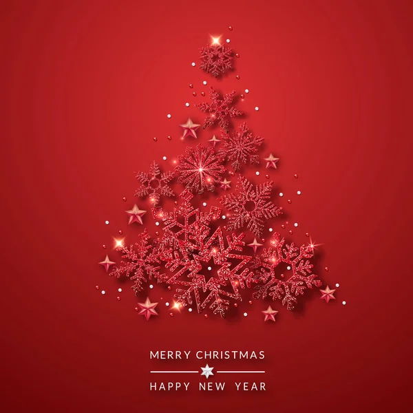 Albero di Natale sfondo con scintillanti fiocchi di neve rossi, stelle e palle. Buon Natale illustrazione biglietto su sfondo rosso — Vettoriale Stock