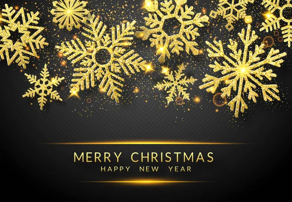 Weihnachtlicher Hintergrund mit goldglänzenden Schneeflocken und Schnee. Frohe Weihnachten Karte Illustration auf schwarzem Hintergrund. Funkelnde goldene Schneeflocken mit Glitzerstruktur — Stockvektor