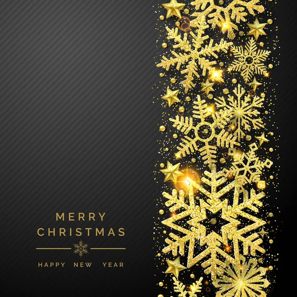 Рождественский фон с сияющими золотыми снежинками и снегом. Веселая иллюстрация рождественской открытки на черном фоне. Искрящиеся золотистые снежинки с блестящей текстурой — стоковый вектор