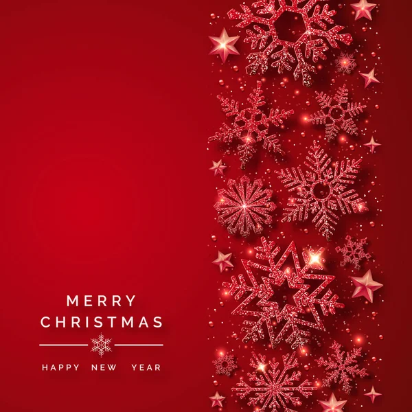 Parlak kırmızı kar taneleri ve karlı Noel arkaplanı. Kırmızı arka planda mutlu noel kartı çizimleri. Parlak desenli parlak kırmızı kar taneleri.