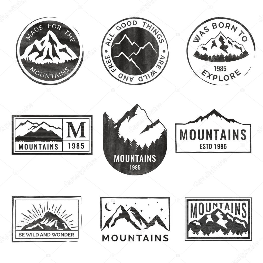 Set of nine mountain travel emblems with grunge texture. Camping outdoor adventure vector emblems, badges and logo patches. Mountain tourism, hiking. Forest camp labels in vintage style