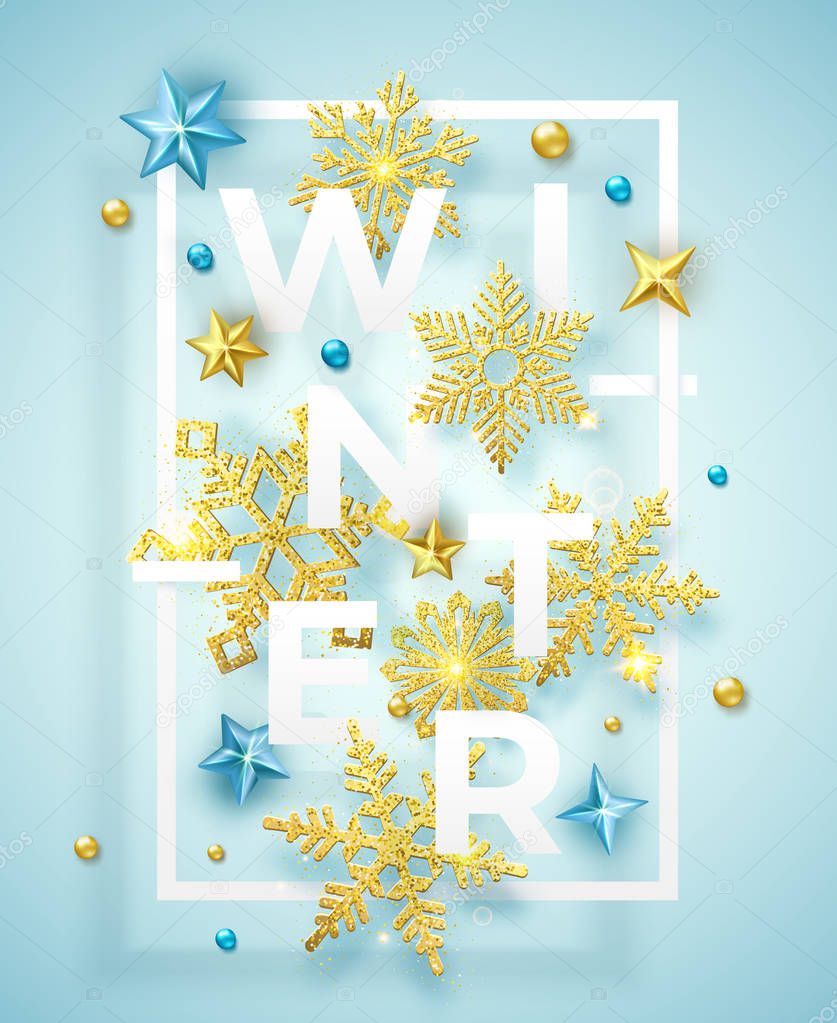 Winter background with shining snowflakes, balls and colorful stars. White letters on blue background. Seasonal card