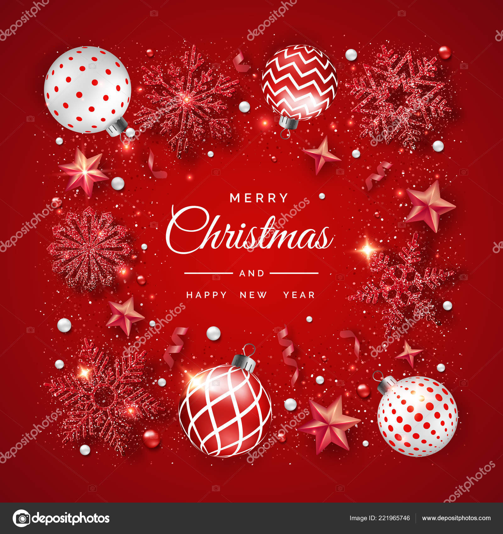눈송이, 리본과 화려한 볼 빛나는와 크리스마스 배경. 새 해와 크리스마스 카드 그림에 빨간색 배경 스톡 벡터 - ©Barmaleeva  221965746, image size:1600x1700