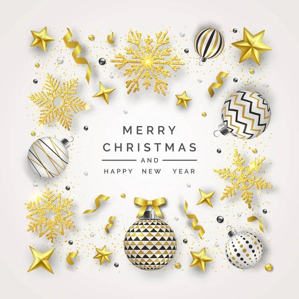 つやのある雪の結晶、弓とカラフルなボールでクリスマスの背景。明るい背景に新年とクリスマス カードのイラスト — ストックベクタ