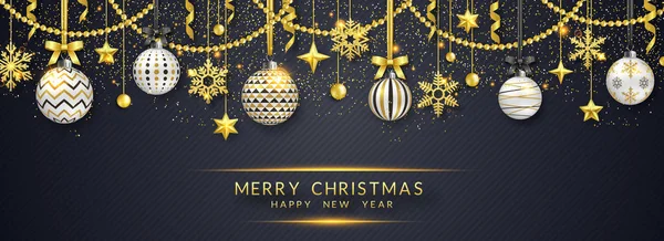 雪の結晶、弓、星、カラフルなボールを輝かせてクリスマス バナー。黒い背景に新年とクリスマスのイラスト — ストックベクタ