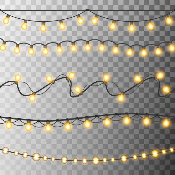 Набор светящихся рождественских огней. Рождественские гирлянды. Украшение для рождественских праздников и Нового года. Кисти праздничные нити рождественских огней — стоковый вектор