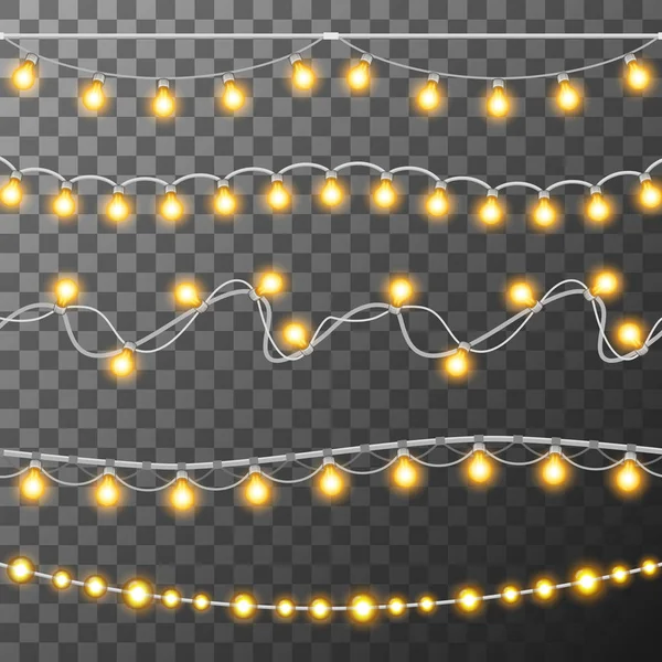 Conjunto de luces de Navidad brillantes. Luces de guirnalda de Navidad. Decoración para las vacaciones de Navidad y año nuevo. Cepillos festivos hebras de luces de Navidad — Vector de stock