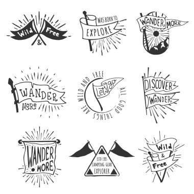 Set of adventure and outdoors flag emblems. Retro monochrome labels with light rays. Hand drawn wanderlust style. Pennant travel flags design. Logo templates clipart