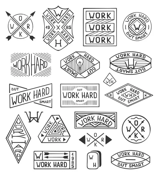 Hand drawn logo set. Modern vintage logo templates Work hard. Old style elements, tags with lettering. Set of modern retro badges and labels — Stock Vector