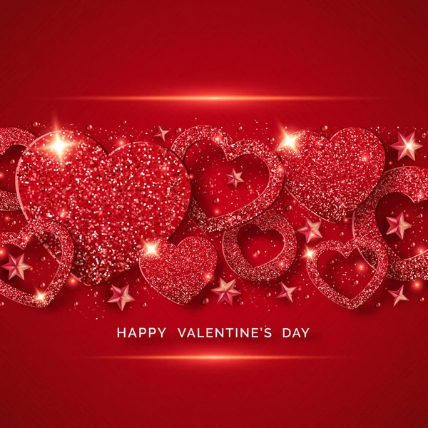 Día de San Valentín fondo horizontal con brillante corazón rojo, estrellas, bolas y confeti. Ilustración de tarjeta de vacaciones sobre fondo rojo. Corazones rojos brillantes con textura brillante — Archivo Imágenes Vectoriales