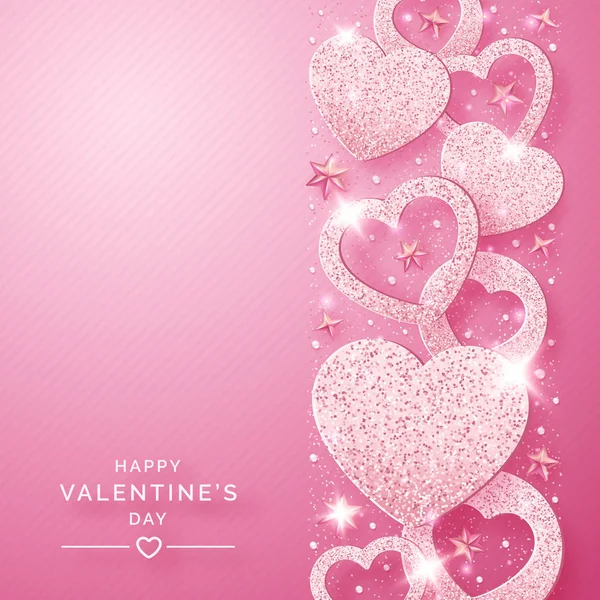 Valentinstag vertikalen Hintergrund mit leuchtenden rosa Herzen und Konfetti. Urlaubskarten-Illustration auf rosa Hintergrund. funkelnde rosa Herzen mit glitzernder Textur — Stockvektor