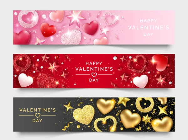 Tres banderas horizontales del Día de San Valentín con corazones brillantes, cintas, estrellas y bolas de colores. Ilustración de tarjetas de vacaciones en fondos claros y oscuros — Vector de stock
