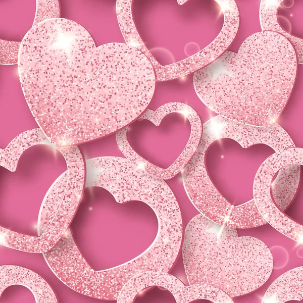 Patrón sin costuras del Día de San Valentín con corazones brillantes. Ilustración de tarjeta de vacaciones sobre fondo rosa — Vector de stock