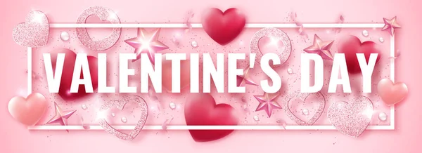 Bannière horizontale Saint-Valentin avec des coeurs roses brillants, des rubans, des étoiles et des boules colorées. Carte de vacances illustration sur fond clair — Image vectorielle