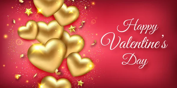 Valentines Day horizontal banner with shining golden hearts, ribbons, stars and confetti. Holiday card illustration on red background — Stock Vector