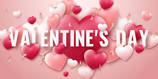 Fond Saint-Valentin avec des cœurs rouges et roses, des rubans et du texte. Carte de vacances illustration sur fond clair — Image vectorielle