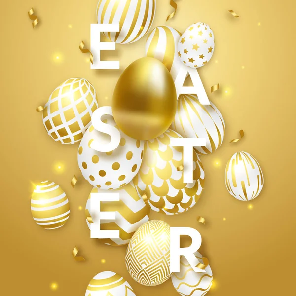 Пасхальный светлый фон с реалистичными золотыми украшенными яйцами, рамкой, текстом и лентами. Векторная иллюстрация открытка, плакат, флаер, баннер — стоковый вектор