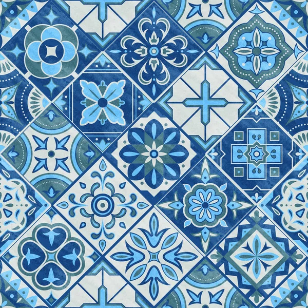 Nahtlose Patchworkfliese in den Farben blau, grau und grün. Vintage Keramikfliesen Vektor Illustration. Bodennahtloses Design Textur-Set. Fliesen traditionelles Mosaik, Textur Dekoration Fliesenmuster — Stockvektor