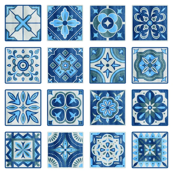 Telas de retalhos nas cores azul, cinza e verde. Vintage telhas cerâmicas ilustração vetorial. Conjunto de textura de design de piso. Azulejos mosaico tradicional, textura padrão de azulejo decoração — Vetor de Stock