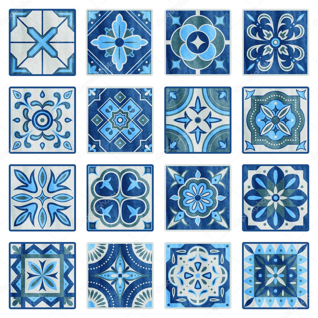 Patchwork tile in blue, gray and green colors. Vintage ceramic tiles vector illustration. Floor design texture set. Tiles traditional mosaic, texture decoration tile pattern