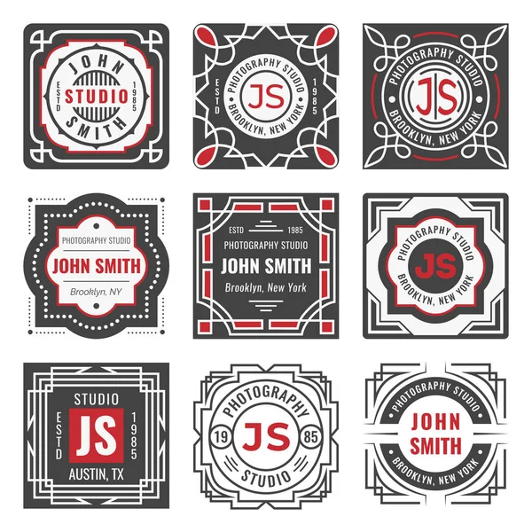 Set of nine stylish line insignias. Decorative geometric frames and borders. Modern vintage logo templates — Stock Vector