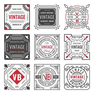 Dokuz şık çizgi insignias kümesi. Dekoratif geometrik çerçeveleri ve borders. Modern vintage logo Şablonlar