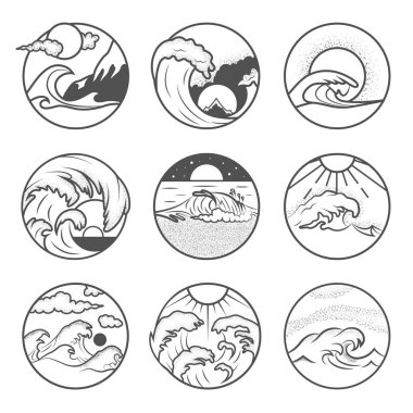 Dokuz yaz tatil Amblemler kümesi. Güneş, dalgalar ve kum içeren etiketleri. Beach amblem, rozetleri ve logo yamalar. Yaz tatili, sörf