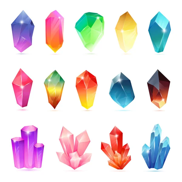 Zestaw kolorowych różne kryształy. Krystaliczny kamień szlachetny. Magia kamieni półszlachetnych kolekcji. Zestaw klejnot lub mineralne kamienne krystalizacji naturalne kwarc — Wektor stockowy