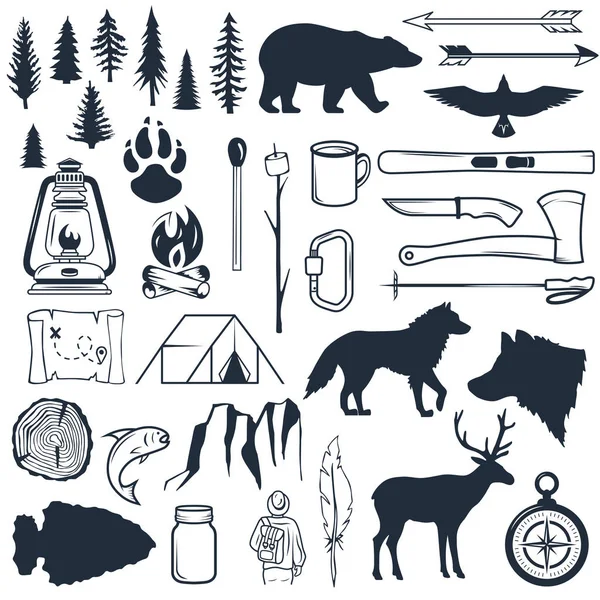 Set of wilderness silhouettes. Hand drawn camping and hiking elements. Collection for summer camp outdoors. Labels, emblems, logos, badges. Travel and recreation in outdoor camp