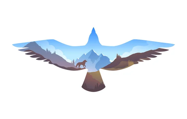 Überleben in freier Wildbahn. Berglandschaft in Adlersilhouette. in die Wildnis. Illustration mit doppelter Belichtung — Stockvektor