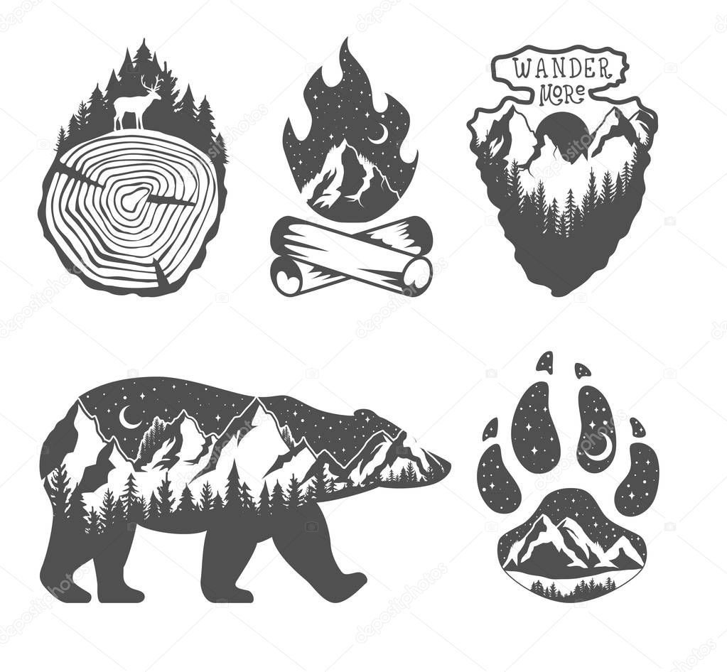 Double exposure. Hand drawn outdoor badges. Wild nature in black and white colors. Adventure emblems, badges and logo patches. Nature labels in vintage style