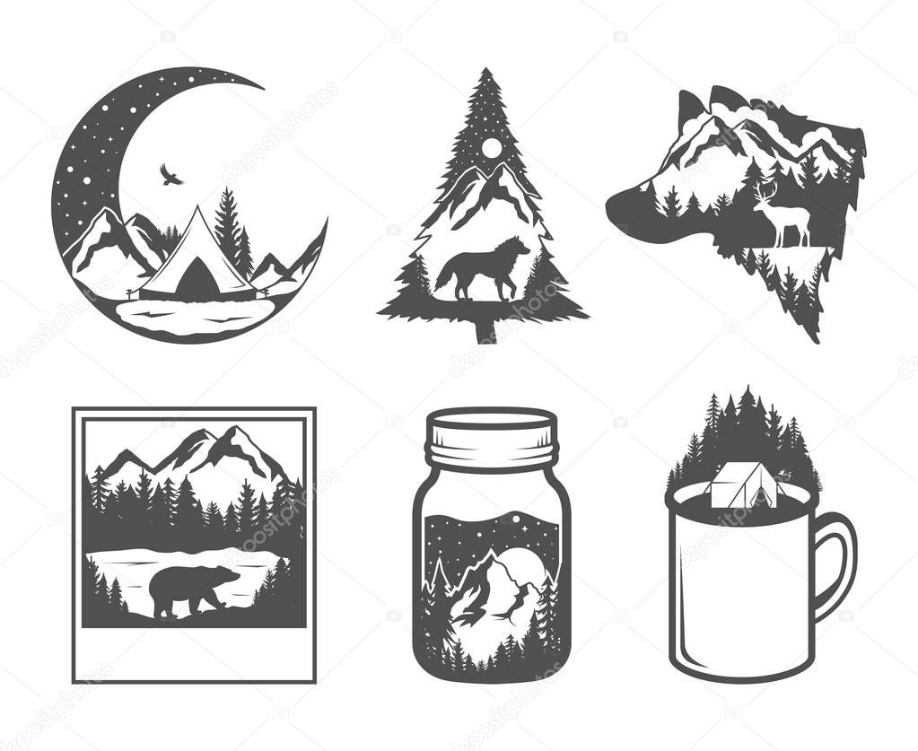 Double exposure. Six hand drawn outdoor badges. Wild nature in black and white colors. Adventure emblems, badges and logo patches. Nature labels in vintage style