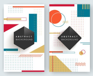 Çok renkli basit geometrik şekiller ile iki soyut retro dikey afiş. Üçgenler, daireler, çizgiler