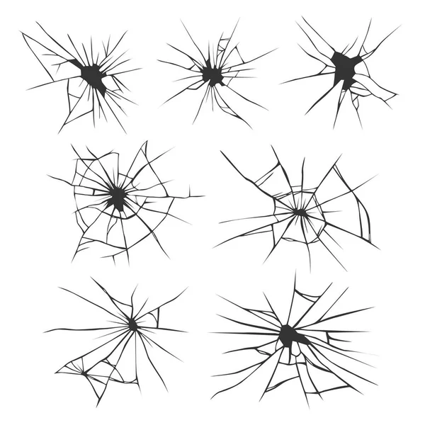 Set van zeven gaten in het glazen oppervlak. Gebroken glas. Gebarsten glas. Gebroken venster of spiegel na vernietiging — Stockvector