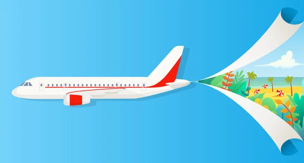 Bannière plate sur le thème du voyage en avion, vacances, aventure. Compagnies aériennes privées, transport. Un avion volant qui divise le ciel en deux parties — Image vectorielle