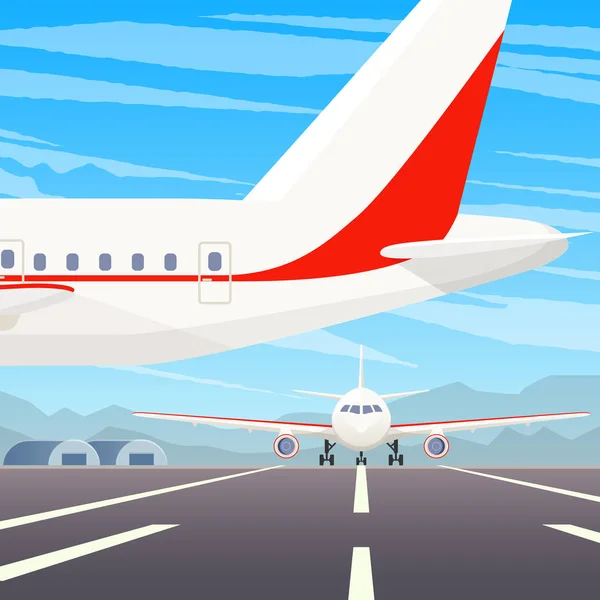 Egy állandó repülőgépet a repülőtéren. Egy repülő sík égen. Leszállási illusztráció. Utazás repülőgéppel, magán légitársaságok és a szállítás — Stock Vector
