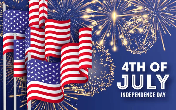 День независимости США. Большое знамя с размахивающими американскими национальными флагами и фейерверками. Шаблон плаката 4 июля — стоковый вектор