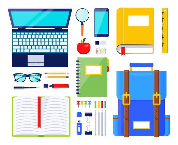 Illustratie van onderwijselementen. School briefpapier en benodigdheden. Illustratie van liniaal en rugzak, pen en glazen, boeken en notebook — Stockvector